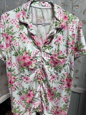 White Floral Pink Rose Button-Up Pajama Set